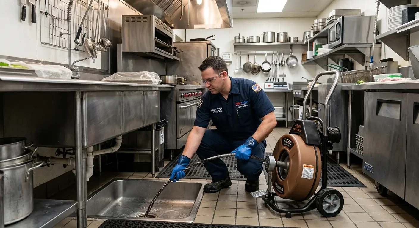 Commercial drain cleaning service in a restaurant kitchen in Kodiak