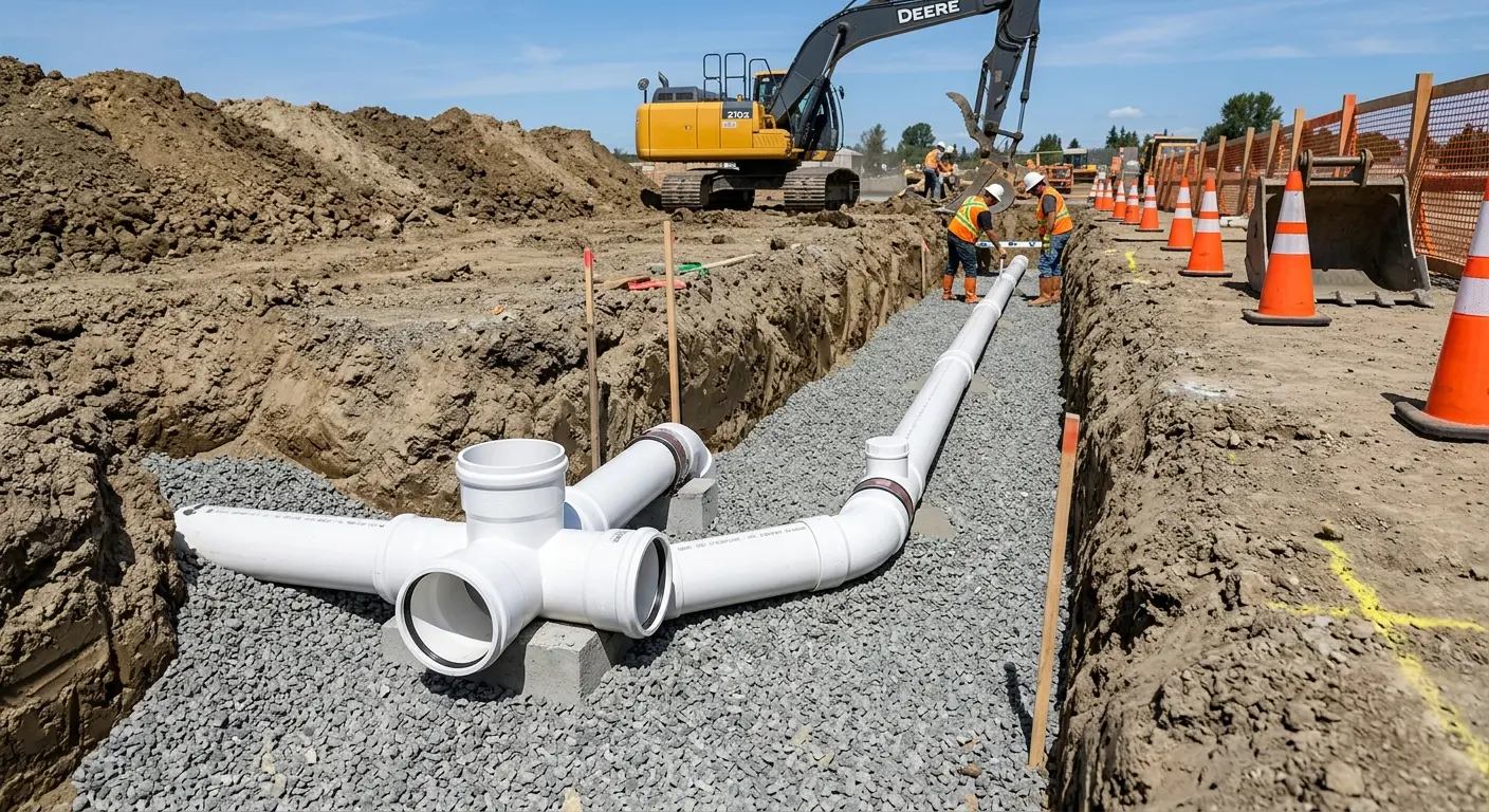 New PVC sewer pipe installation in open trench for Sewer Backup in Kodiak