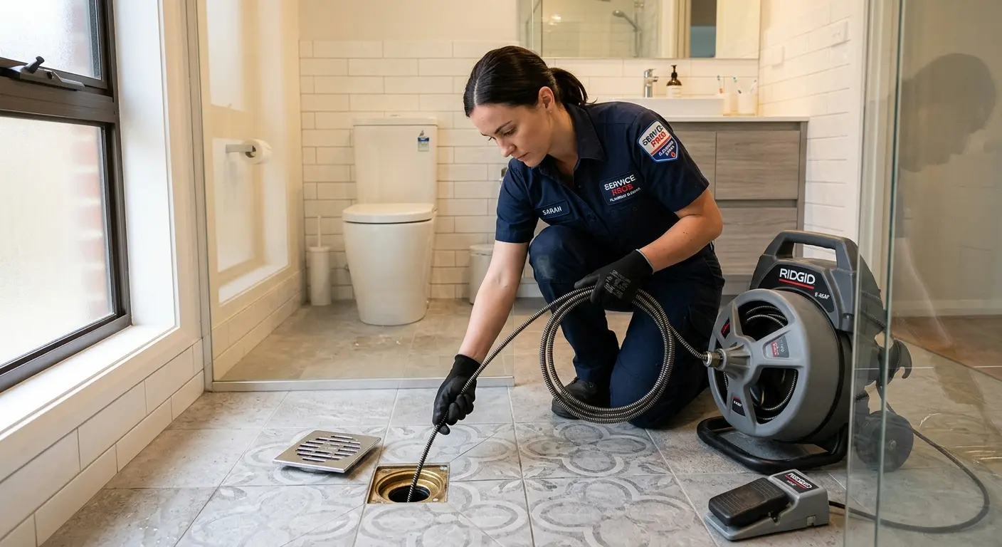 Technician clearing a bathroom floor drain for Drain Cleaning in Kodiak